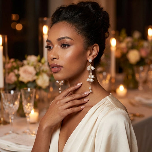 Woman in a white dress with elegant earrings in a formal setting