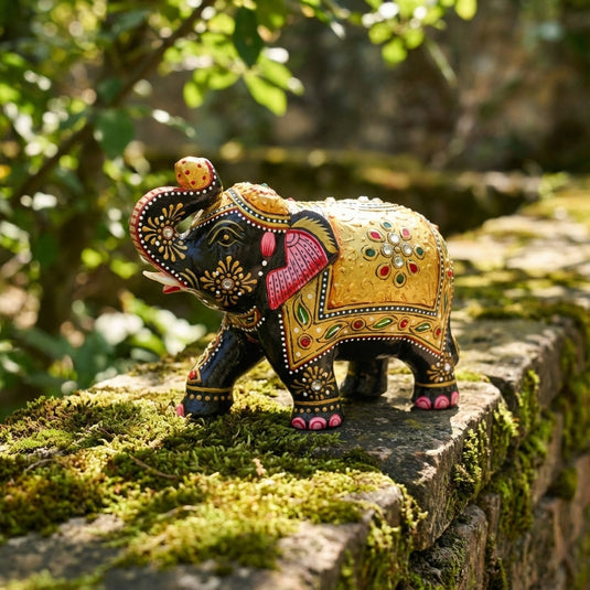 Traditional Wooden Elephant Statue – Black & Gold Home & Pooja Décor Gift