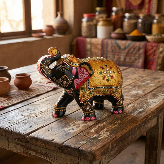 Traditional Wooden Elephant Statue – Black & Gold Home & Pooja Décor Gift