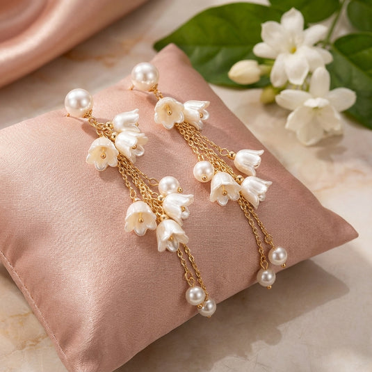 🌼Jasmine Blossom Pearl Dangle Earrings – Elegant Floral Statement