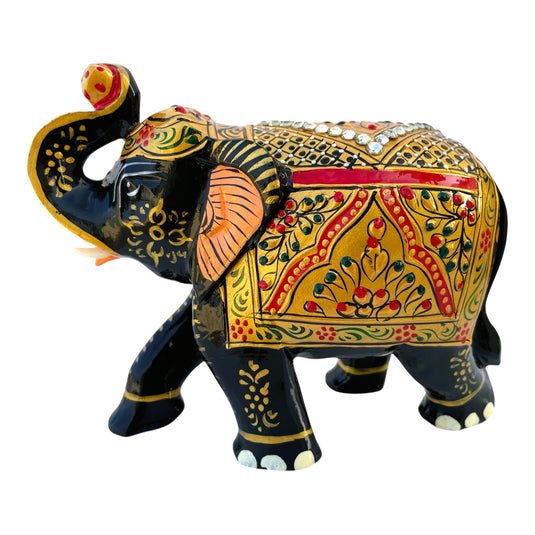 Traditional Wooden Elephant Statue β Black & Gold Gemstone Showpiece