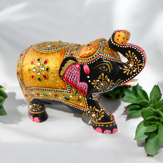 Traditional Wooden Elephant Statue – Black & Gold Home & Pooja Décor Gift
