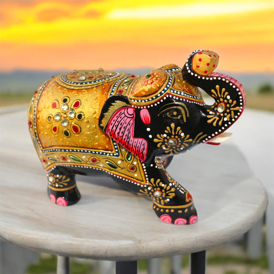 Traditional Wooden Elephant Statue – Black & Gold Home & Pooja Décor Gift