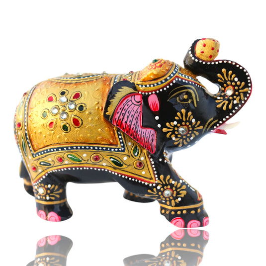 Traditional Wooden Elephant Statue – Black & Gold Home & Pooja Décor Gift