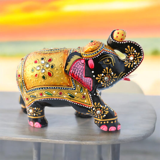 Traditional Wooden Elephant Statue – Black & Gold Home & Pooja Décor Gift