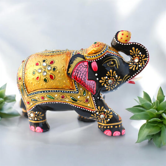 Traditional Wooden Elephant Statue – Black & Gold Home & Pooja Décor Gift