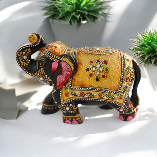 Traditional Wooden Elephant Statue – Black & Gold Home & Pooja Décor Gift