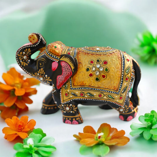 Traditional Wooden Elephant Statue – Black & Gold Home & Pooja Décor Gift