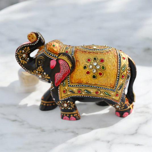 Traditional Wooden Elephant Statue – Black & Gold Home & Pooja Décor Gift