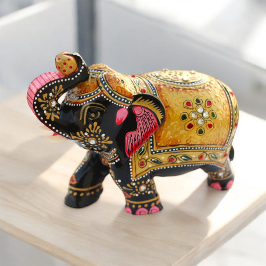 Traditional Wooden Elephant Statue – Black & Gold Home & Pooja Décor Gift
