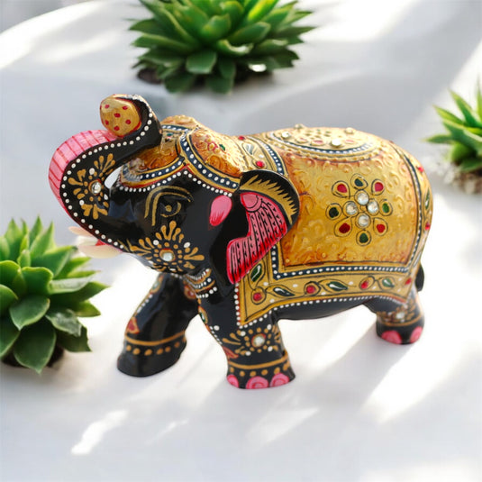 Traditional Wooden Elephant Statue – Black & Gold Home & Pooja Décor Gift