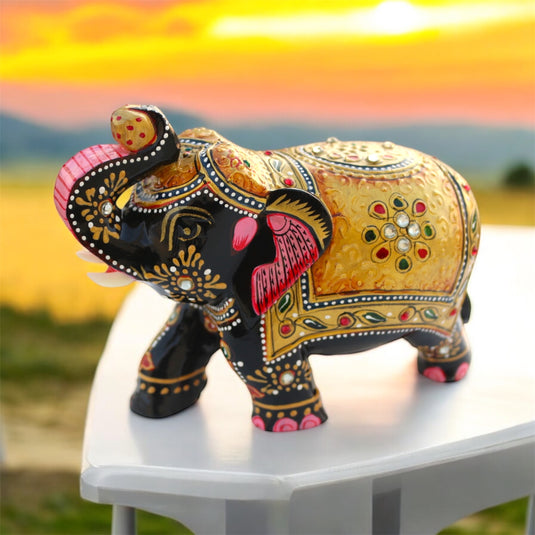 Traditional Wooden Elephant Statue – Black & Gold Home & Pooja Décor Gift