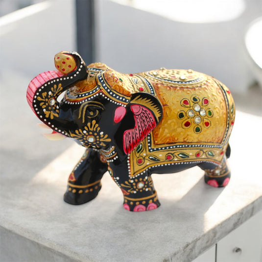 Traditional Wooden Elephant Statue – Black & Gold Home & Pooja Décor Gift