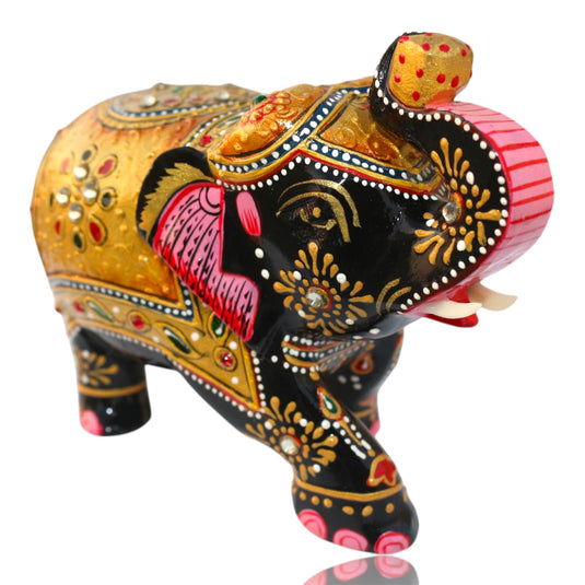 Traditional Wooden Elephant Statue – Black & Gold Home & Pooja Décor Gift