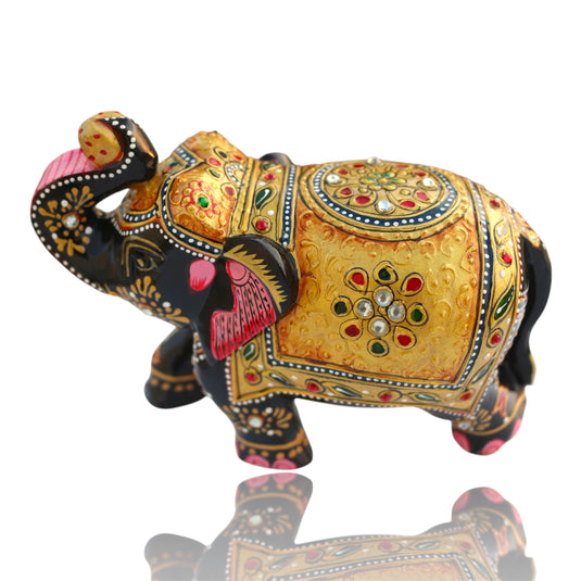 Traditional Wooden Elephant Statue – Black & Gold Home & Pooja Décor Gift