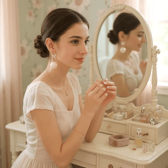 Woman in a white dress looking at herself in a mirror with a vanity table.