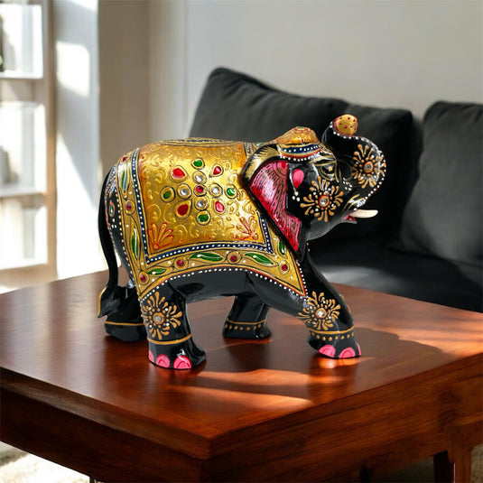 Traditional Wooden Elephant Statue – Black & Gold Home & Pooja Décor Gift