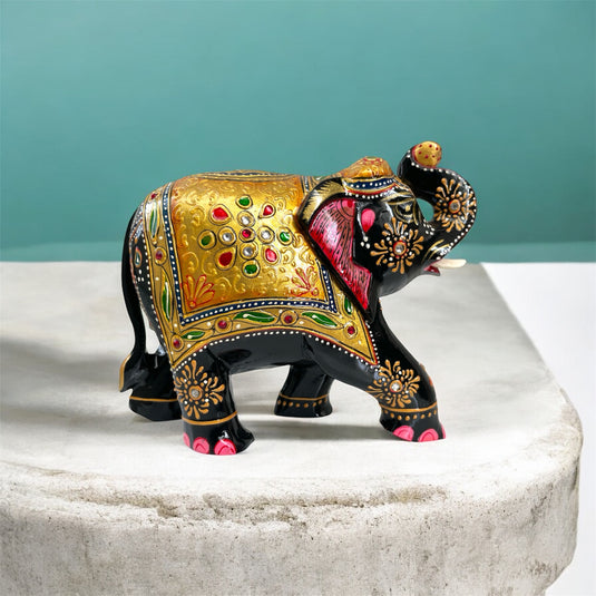 Traditional Wooden Elephant Statue – Black & Gold Home & Pooja Décor Gift
