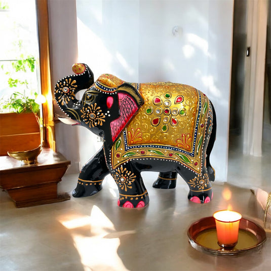 Traditional Wooden Elephant Statue – Black & Gold Home & Pooja Décor Gift