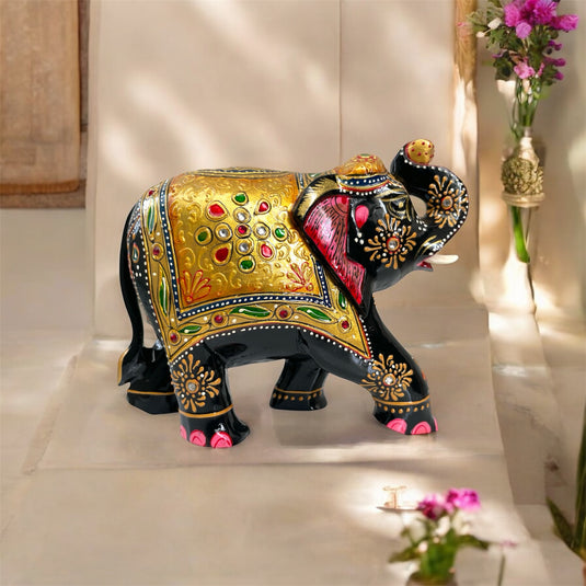 Traditional Wooden Elephant Statue – Black & Gold Home & Pooja Décor Gift