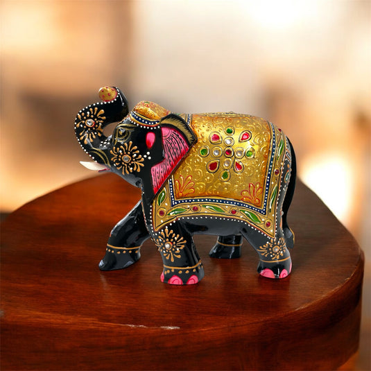 Traditional Wooden Elephant Statue – Black & Gold Home & Pooja Décor Gift