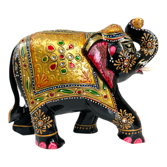 Traditional Wooden Elephant Statue – Black & Gold Home & Pooja Décor Gift
