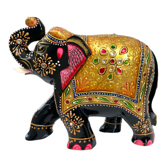 Traditional Wooden Elephant Statue – Black & Gold Home & Pooja Décor Gift