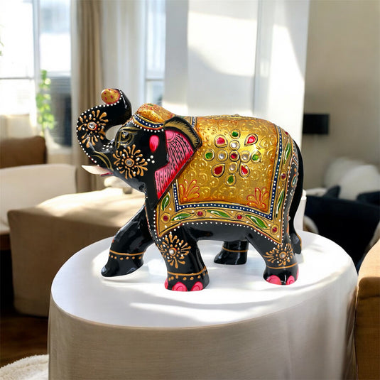 Traditional Wooden Elephant Statue – Black & Gold Home & Pooja Décor Gift