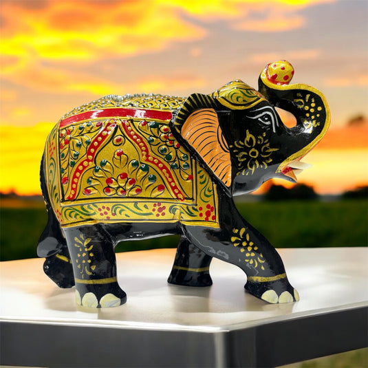 Traditional Wooden Elephant Statue – Black & Gold Gemstone Showpiece