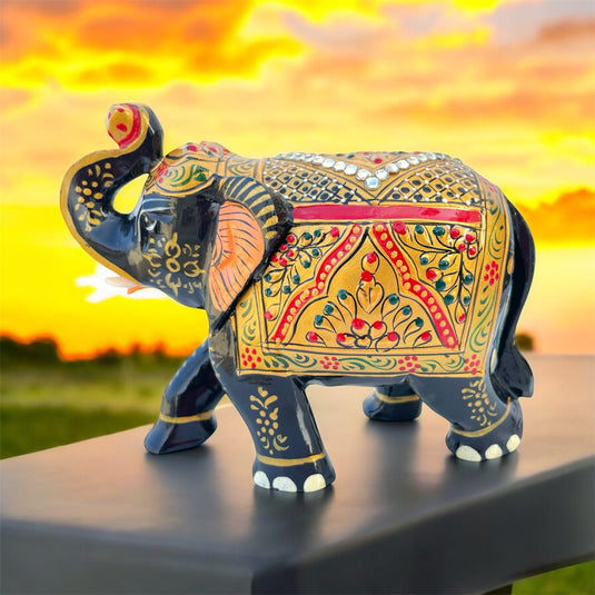 Traditional Wooden Elephant Statue – Black & Gold Gemstone Showpiece