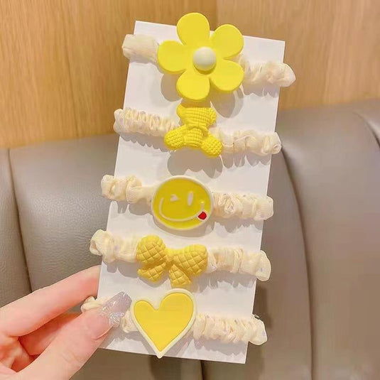 💛 Yellow Flower & Smiley Hair Band (Set of 5) – Playful Hair Elastics for Girls & Teens 🌼