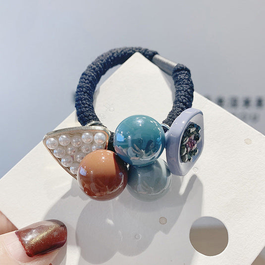 Marble Bead Hair Tie – Premium Elastic Band with Pearl & Crystal Charms 🎀