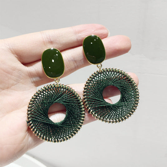 Elegant Green Thread Circle Drop Earrings πΏβ¨