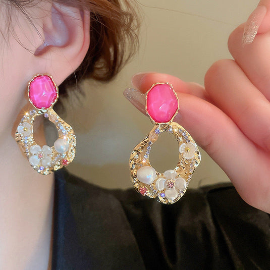 Glam Pink Stone & Floral Drop Earrings ✨🌸