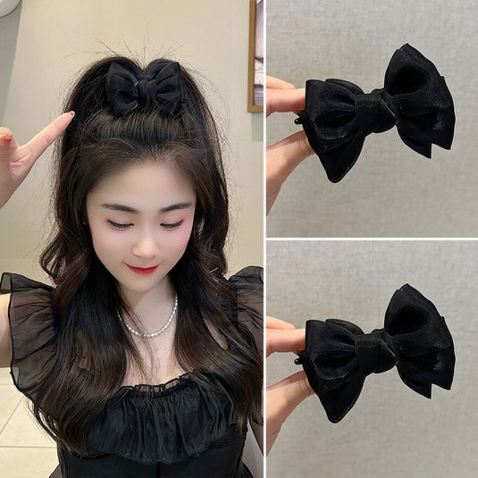 Korean Style Black Sheer Bow Hair Clip – Elegant Large Ribbon Accessory 🎀