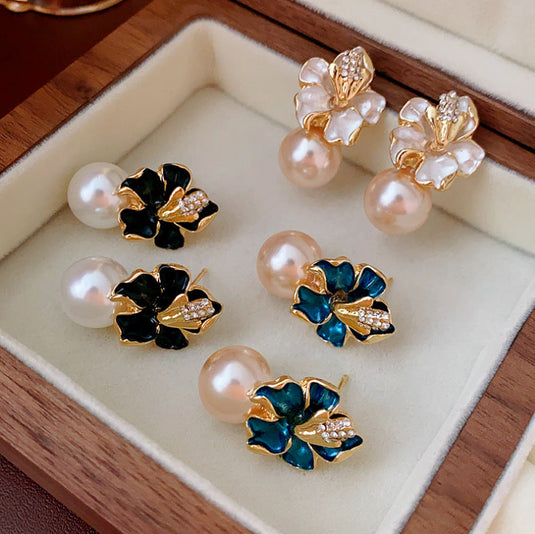βElegant Enamel Flower Pearl Drop Earrings | Luxury Statement Studs