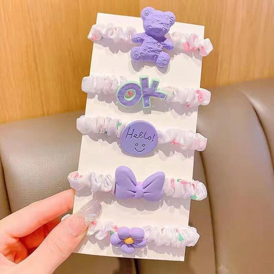 Cute Lavender Scrunchie Set – 5-Piece Cartoon Hair Tie Pack 💜🎀