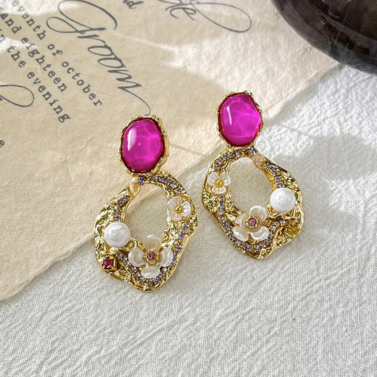 Glam Pink Stone & Floral Drop Earrings ✨🌸