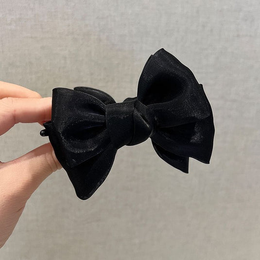 Korean Style Black Sheer Bow Hair Clip – Elegant Large Ribbon Accessory 🎀