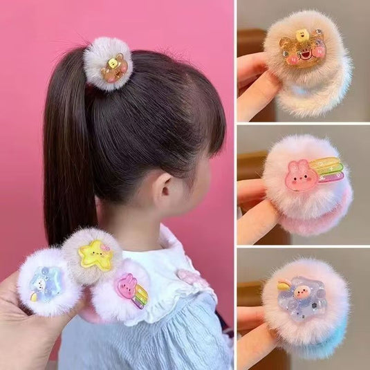 Fluffy Cartoon Scrunchie for Kids – Soft Pom-Pom Hair Tie 🎀💗