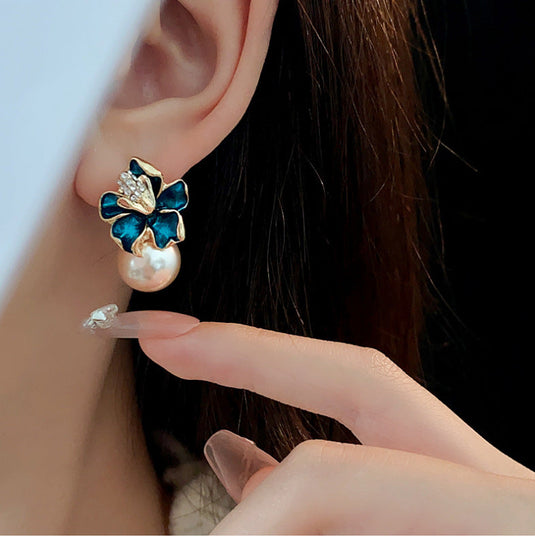 ⭐Elegant Enamel Flower Pearl Drop Earrings | Luxury Statement Studs