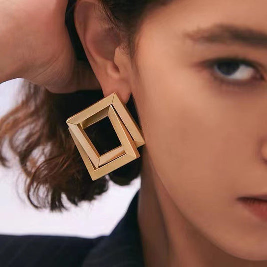Gold Hollow Square Statement Earrings ✨🟨
