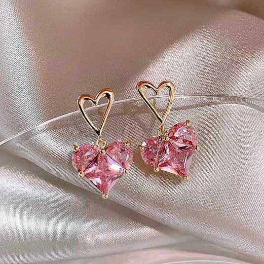 πͺ·Pink Crystal Heart Drop Earrings β Cute Korean Style