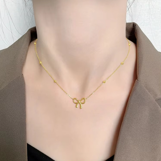🎀 Beads Chain Bow Necklace – Elegant & Enduring