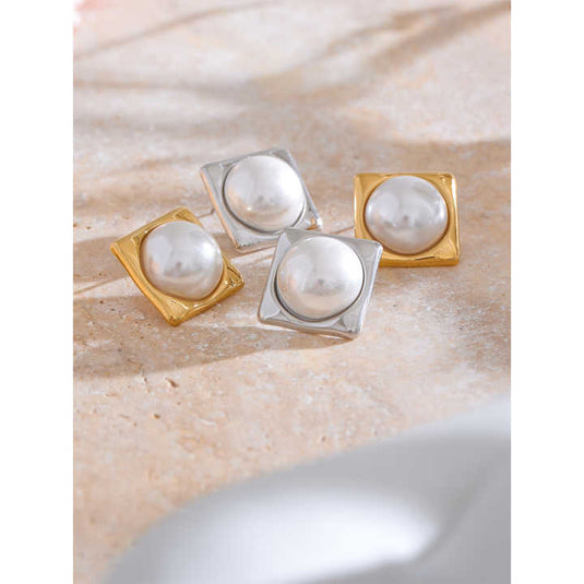 Modern Square Pearl Stud Earrings