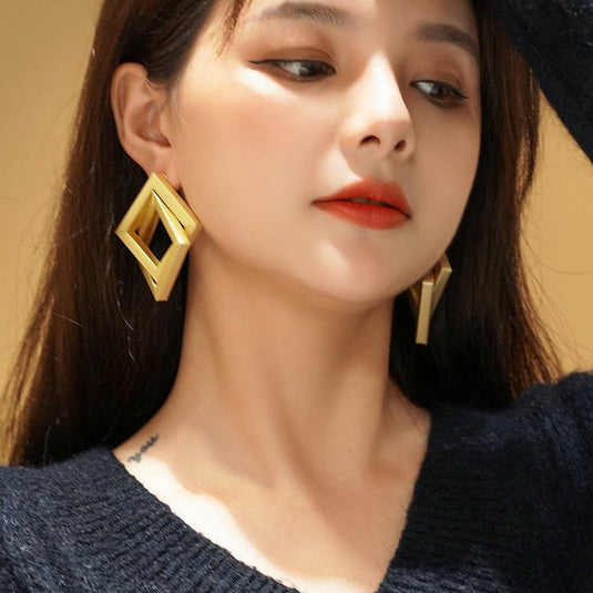 Gold Hollow Square Statement Earrings ✨🟨