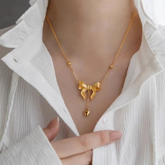 💖 Bow Knot Heart Tassel Necklace – Dainty & Elegant