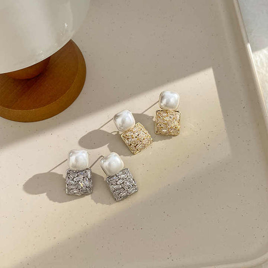 Modern Pearl & Metallic Textured Square Drop Earrings