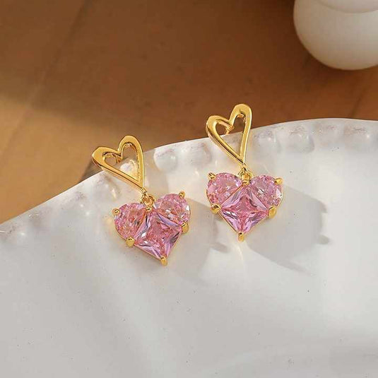 🪷Pink Crystal Heart Drop Earrings – Cute Korean Style
