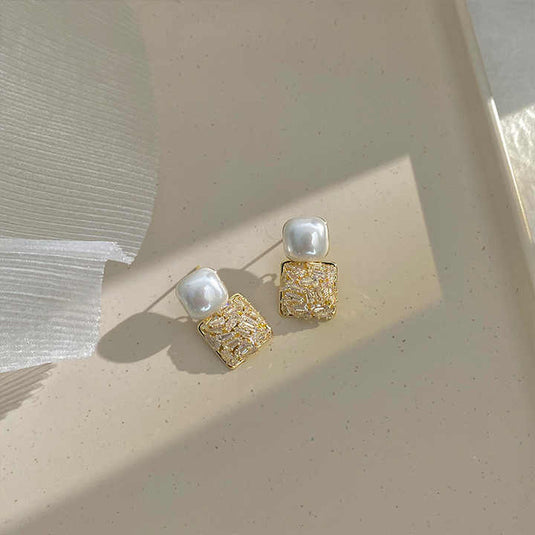 Modern Pearl & Metallic Textured Square Drop Earrings